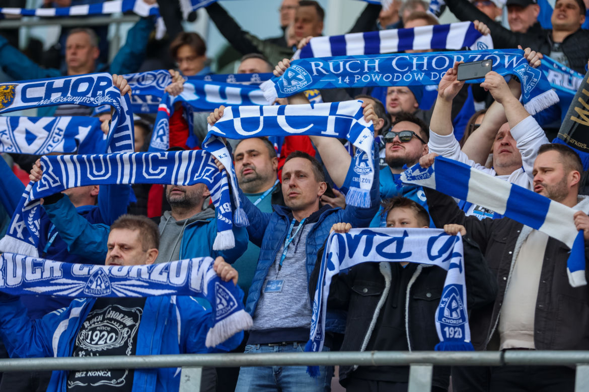Kibice Ruchu Chorzów na meczu z ŁKS Łódź