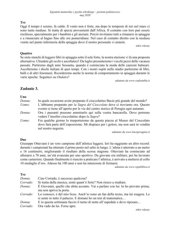 Matura 2020 ARKUSZE CKE: Język włoski podstawowy