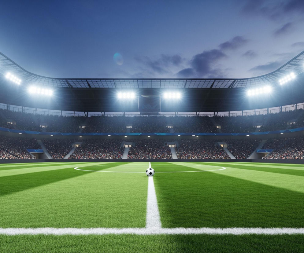 Wnętrze dużego stadionu sportowego z murawą na pierwszym planie i trybunami wypełnionymi ludźmi w tle. Zielone boisko jest podzielone na jasne i ciemne pasy, z widocznymi białymi liniami, w tym centralnym okręgiem i punktem, na którym leży czarno-biała piłka. Nad trybunami, które rozciągają się w półkolu, znajdują się liczne, jaskrawo świecące reflektory, oświetlające całą arenę pod nocnym, lekko zachmurzonym niebem.