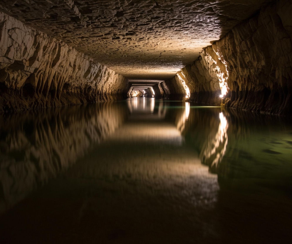 Wąski, długi tunel skalny, oświetlony miejscowo ciepłym, żółtym światłem, rozciąga się w głąb obrazu. Ściany tunelu, wykonane z jasnego, skalistego materiału o nieregularnych, pionowych rzeźbieniach, wznoszą się nad ciemną, spokojną taflą wody, która całkowicie pokrywa podłogę. Światło odbija się od powierzchni wody, tworząc świetliste smugi i rozświetlając dno w niektórych miejscach na zielonkawy odcień, a także tworząc niemal idealne odbicia ścian i stropu, które wydają się zbiegać w odległym punkcie.