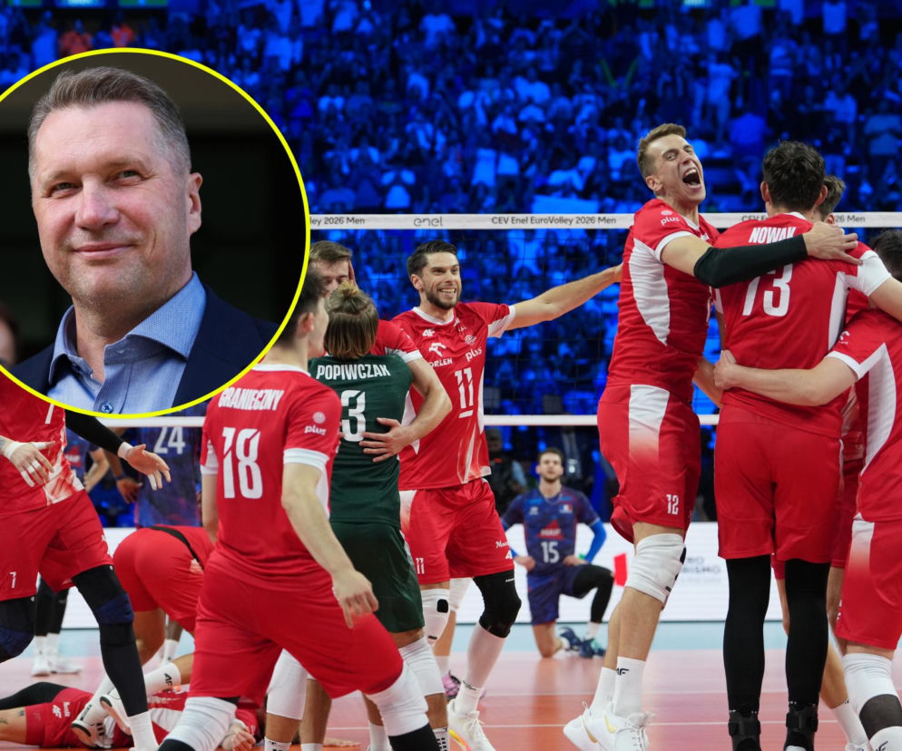 Cieszący się polscy siatkarze, a obok na miniaturze Przemysław Czarnek. O kontrowersjach po finale na SE Supersport.