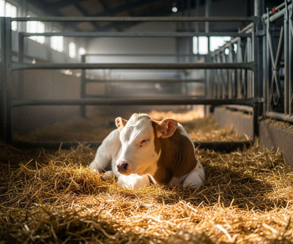 Cielak o biało-brązowym umaszczeniu leży na grubej warstwie słomy w cielętniku, oświetlonym promieniami słońca. Obiekt w tle to metalowe przegrody. Warunki w cielętniku są kluczowe dla zdrowia cieląt, o czym przeczytasz na Super Biznes.