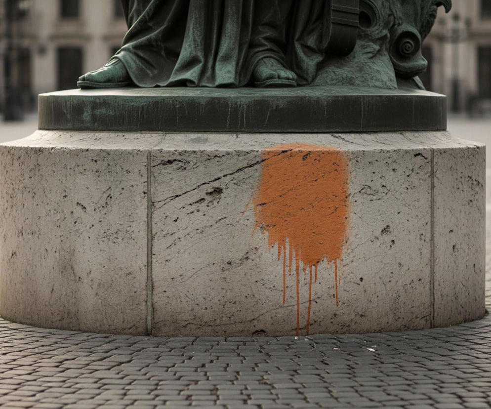 Centralny element obrazu to kamienny cokół pomnika, wykonany z szarego, porowatego materiału, na którym widoczne są pęknięcia i drobne ubytki. Na froncie cokołu znajduje się intensywna, prostokątna plama pomarańczowej farby, z której spływają pionowe zacieki w dół. Powyżej cokołu widoczna jest ciemnozielona, patynowana część pomnika, przedstawiająca stopy postaci w udrapowanych szatach. Całość spoczywa na brukowanym placu, gdzie kostka układa się w koncentryczne okręgi wokół podstawy. Tło stanowią rozmyte, niewyraźne zarysy budynków i elementów miejskiego krajobrazu.