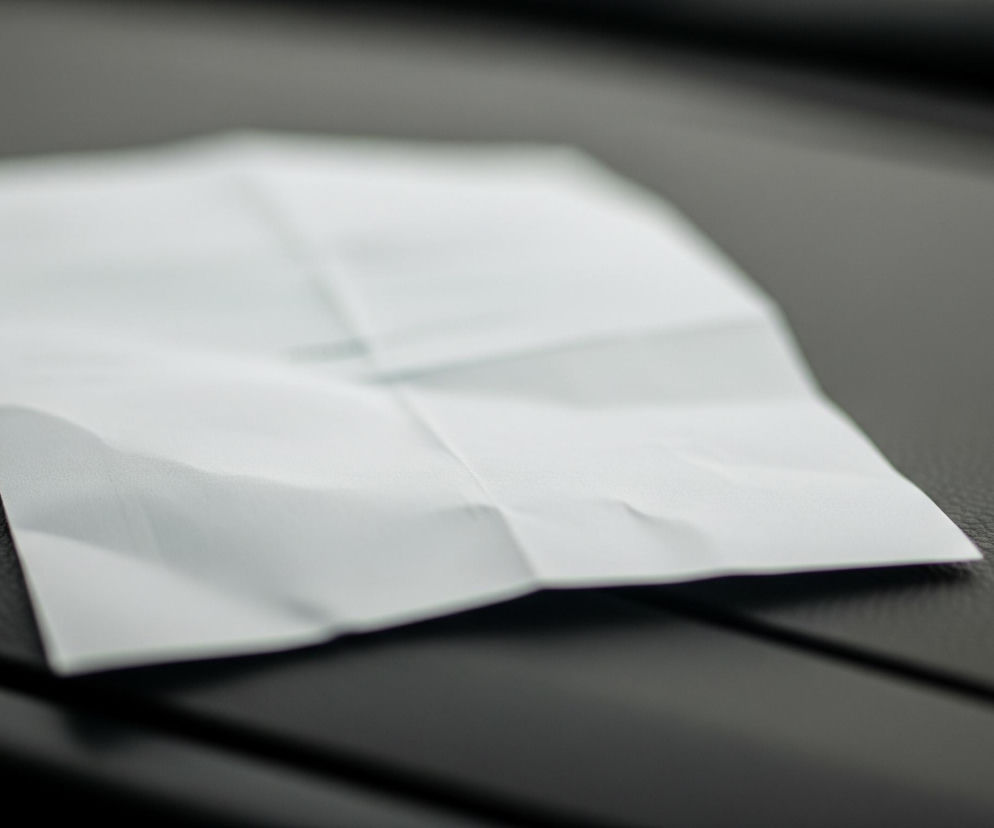 Biała, złożona kartka papieru leży na ciemnej, skórzanej powierzchni. Kartka ma kilka zagięć i jest lekko pofałdowana. Powierzchnia, na której spoczywa kartka, jest matowa i posiada wyraźną, ziarnistą fakturę, typową dla skóry lub podobnego materiału. Tło jest rozmyte, z niewyraźnymi ciemnymi obszarami.