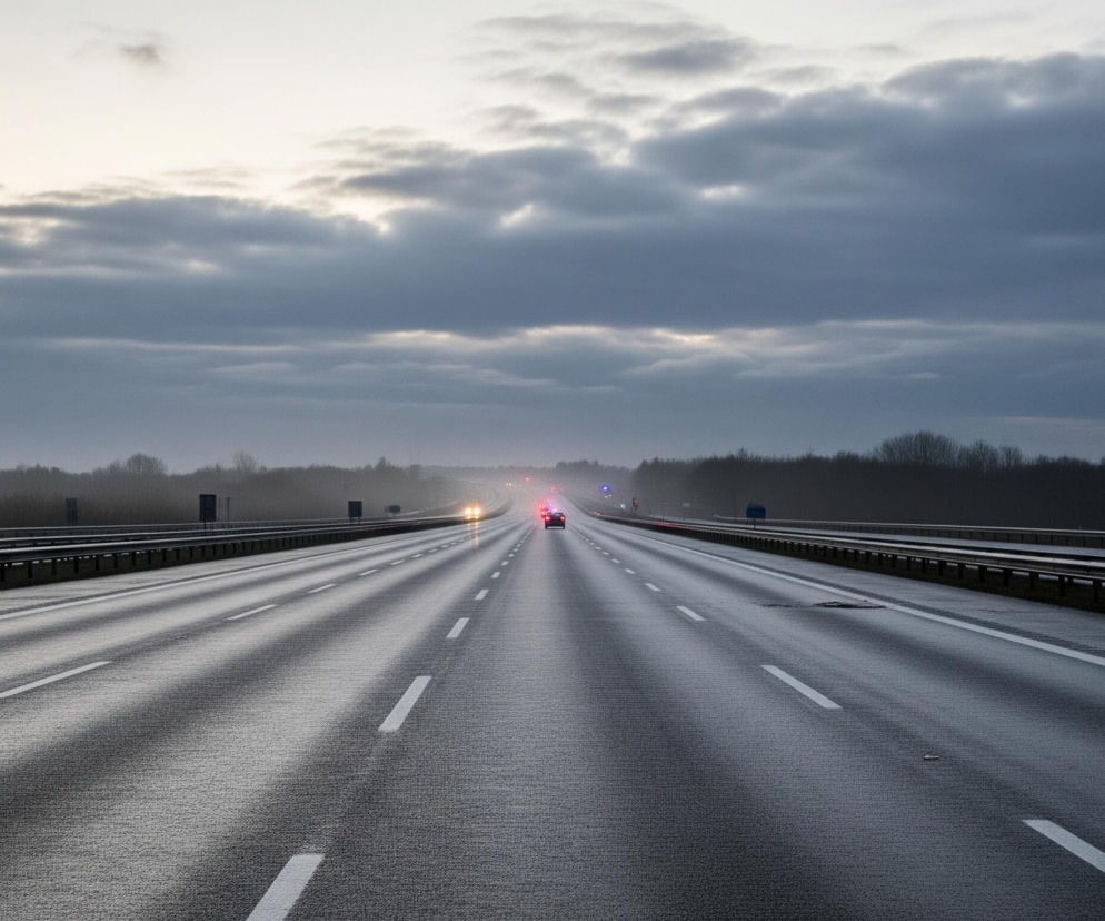 Szeroka, wilgotna autostrada zajmuje większą część kadru, z ciemnym, pochmurnym niebem dominującym w górnej części. Na drodze widać białe linie, które wyznaczają pasy ruchu i prowadzą wzrok w głąb kadru, gdzie zlewają się w oddali. Na pasach autostrady widać mokre ślady i odbicia, sugerujące świeży deszcz lub wilgoć. W oddali, na horyzoncie, poruszają się samochody z włączonymi światłami: jasne, żółte światła z przodu i czerwone światła pozycyjne z tyłu, a także migające niebieskie światła pojazdu uprzywilejowanego. Po obu stronach autostrady rozciągają się barierki ochronne, a za nimi widoczne są ciemne sylwetki drzew na tle szarego nieba.