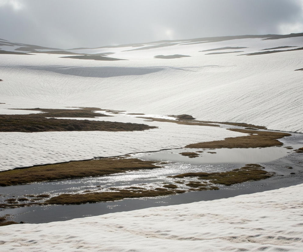 Śnieżny, górski krajobraz dominuje w centrum obrazu, poprzecinany brązowo-zielonymi fragmentami nagiej ziemi, z wijącym się strumieniem odbijającym światło słoneczne. Obszar po prawej stronie charakteryzuje się bardziej stromym zboczem pokrytym śniegiem, w przeciwieństwie do łagodniejszego terenu po lewej. W górnej części zdjęcia widoczne jest zachmurzone niebo z jasnym, rozproszonym światłem wpadającym w kadr. Całość tworzy zimowo-wiosenny widok rozległej, surowej natury.