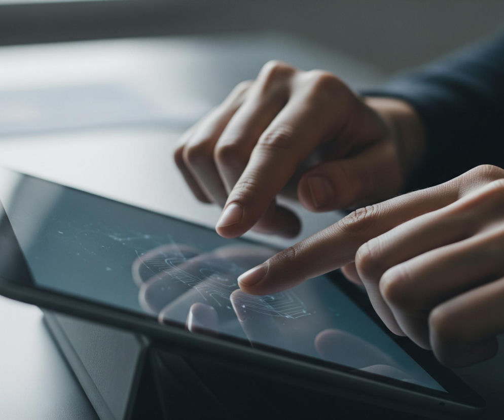 Na pierwszym planie widoczne są dłonie osoby obsługującej tablet. Prawy palec wskazujący dotyka ekranu, na którym wyświetla się graficzny interfejs z jasnymi, abstrakcyjnymi liniami i okręgami na ciemnym tle, tworzącymi wrażenie wizualizacji danych lub funkcji biometrycznej. Lewa dłoń również znajduje się nad tabletem, z palcami częściowo ugiętymi. Tablet leży na jasnej powierzchni, a w tle widać rozmazane, jasne okno oraz ciemny fragment ubrania osoby.