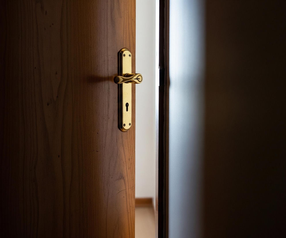Lekko uchylone drzwi z drewnianego forniru ukazują złocistą klamkę z tradycyjnym zamkiem na klucz, skierowaną w stronę widza. Światło wpada z prawej strony, tworząc jasny pasek pomiędzy skrzydłem a futryną, oświetlając fragment podłogi i białą ścianę. Ciemność po lewej stronie i po prawej na otwartych drzwiach kontrastuje z oświetlonym przejściem, podkreślając tajemniczy klimat.