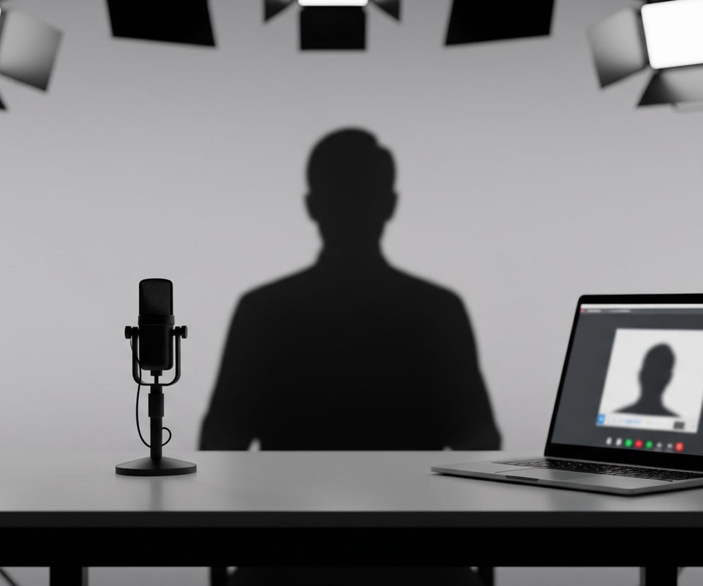 Stół studyjny z czarnym mikrofonem po lewej stronie i otwartym laptopem po prawej. Na ekranie laptopa wyświetlany jest profil osoby z ikonami połączeń wideo poniżej. W tle znajduje się jasnoszara ściana, na której rzuca się duży, ciemny cień ludzkiej sylwetki. Po obu stronach cienia, w rozmyciu, stoją statywy z kwadratowymi lampami studyjnymi emitującymi jasne światło.