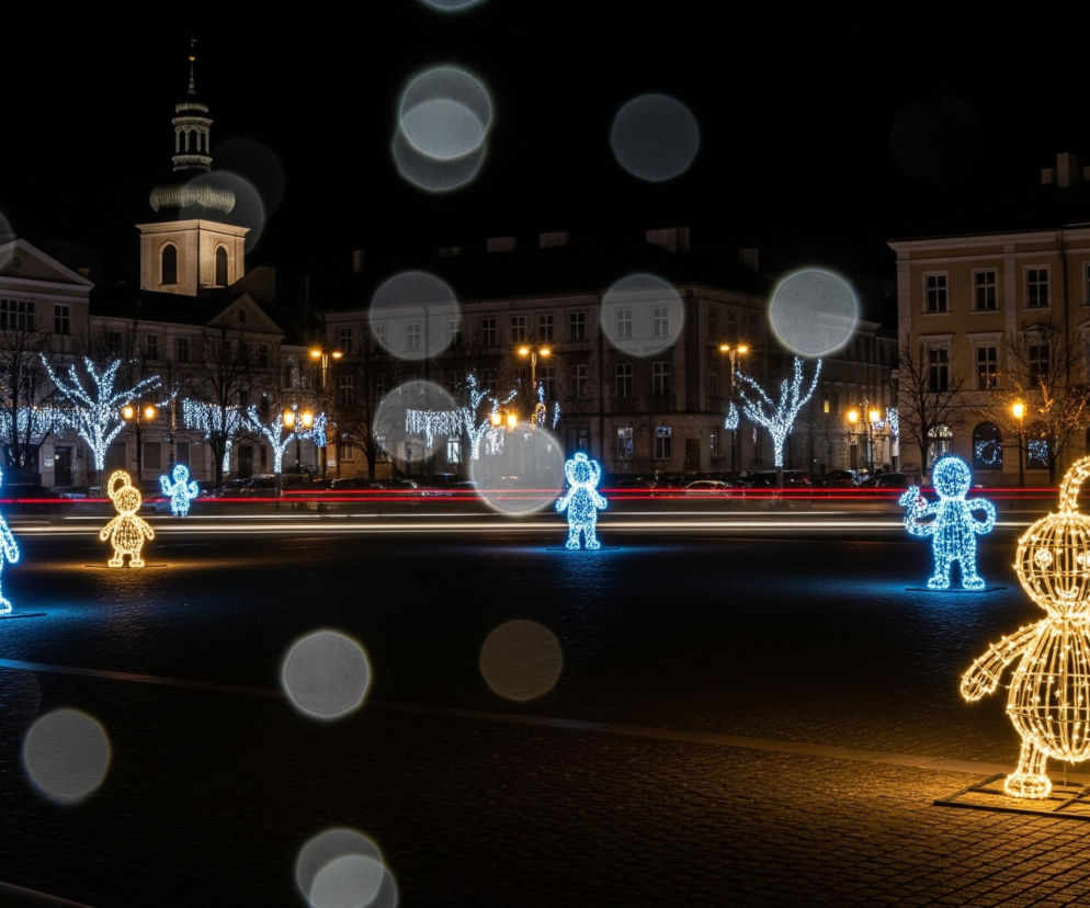 Nocny widok na plac miejski ozdobiony świątecznymi iluminacjami. Na pierwszym planie, w dolnej części obrazu, znajduje się pięć stylizowanych postaci, przypominających bałwanki lub dzieci, wykonanych z metalowych konstrukcji oświetlonych diodami LED. Dwie z nich świecą na złoto-pomarańczowo, natomiast pozostałe trzy na niebiesko, a jedna z niebieskich postaci trzyma mniejszą figurkę w kształcie myszy. W tle widoczne są oświetlone fasady budynków, w tym charakterystyczna wieża kościelna z barokowym hełmem po lewej stronie. Drzewa na placu są udekorowane białymi, migoczącymi lampkami, a w oddali, za figurkami, przejeżdżają samochody, pozostawiając za sobą rozmyte smugi czerwonych i białych świateł. W górnej części obrazu widoczne są liczne okrągłe, rozmyte plamy światła, będące efektem bokeh.