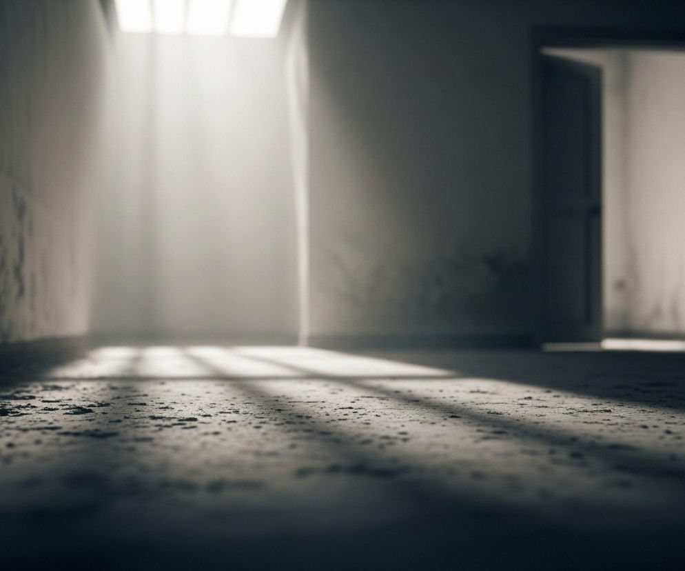 Wnętrze ciemnego, zaniedbanego pomieszczenia, przypominającego korytarz, jest oświetlone przez wyraźne snopy światła wpadające z górnego okna, tworząc kraty cienia na zakurzonej podłodze. Ściana po lewej stronie jest popękana i łuszczy się z niej farba, ukazując ciemniejsze plamy. W głębi, po prawej stronie, otwarte są białe drzwi, które prowadzą do jaśniejszego, niewidocznego z wnętrza pomieszczenia. Całość utrzymana jest w szaro-białych, monochromatycznych barwach, z ostrym kontrastem między jasnymi smugami światła a głębokimi cieniami.