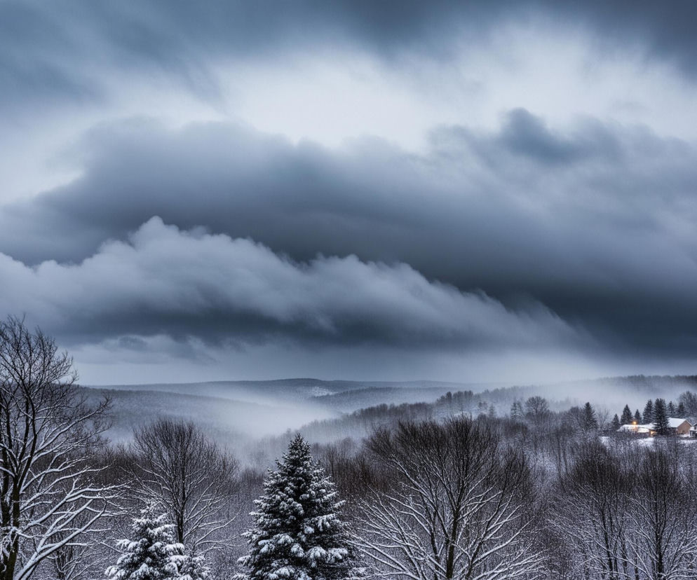 Puszyste, ciemnoszare chmury oświetlone od góry w intensywnym odcieniu bieli dominują w górnej części kadru, sprawiając wrażenie szybko przemieszczających się smug. Pod nimi rozciąga się rozległy, zimowy krajobraz z licznymi drzewami i krzewami pokrytymi warstwą świeżego, białego śniegu. W głębi, wśród ośnieżonych drzew, widoczna jest grupa domów z jasno świecącymi oknami, co tworzy ciepły kontrast z zimnym, mglistym tłem pofalowanych wzgórz.