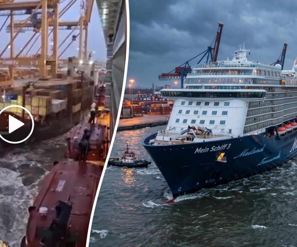 Wycieczkowiec Mein Schiff 3 wypływa z portu. Na miniaturowym wideo zderzenie statku z frachtowcem, o czym pisze Eska.