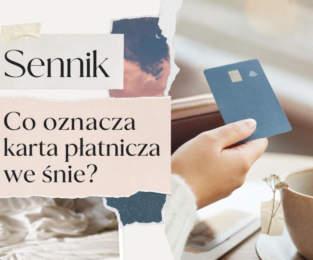 Dłoń trzymająca kartę płatniczą na tle kolażu. O znaczeniu karty w senniku przeczytasz na SE.