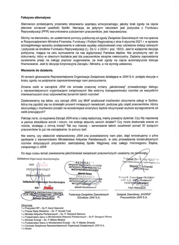Oświadczenie związków zawodowych Jastrzębskiej Spółki Węglowej