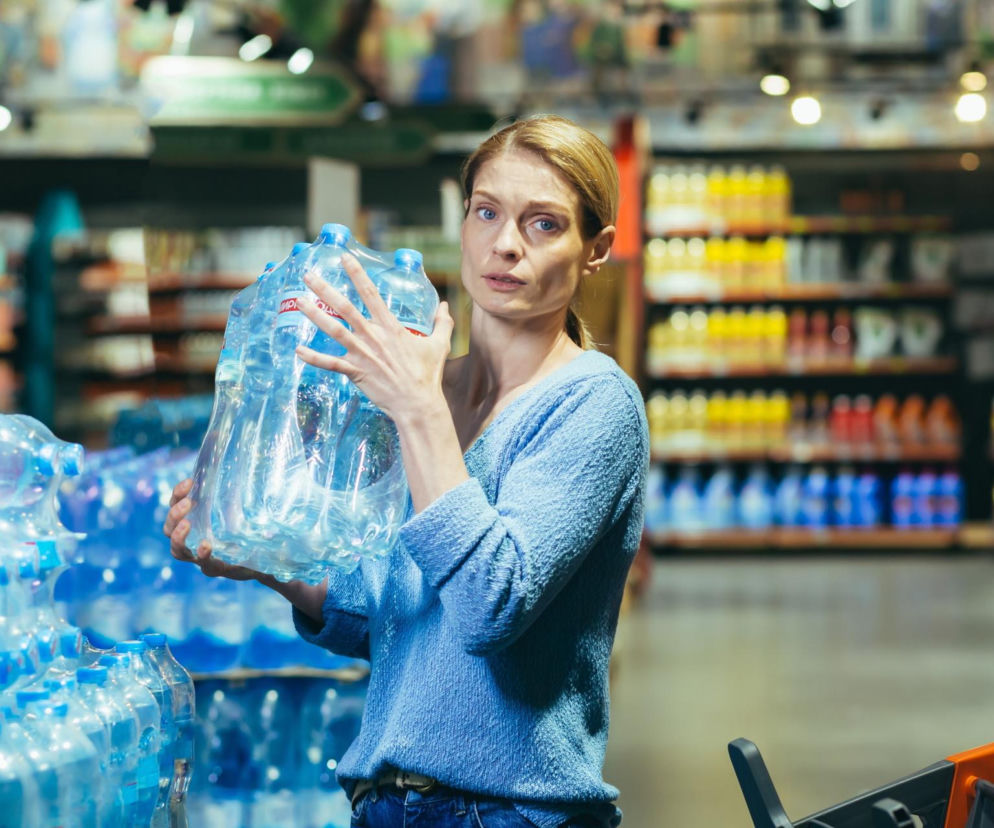 Kobieta w niebieskim swetrze trzyma zgrzewkę wody w folii. O końcu plastiku w sklepach przeczytasz na SE Superbiz.