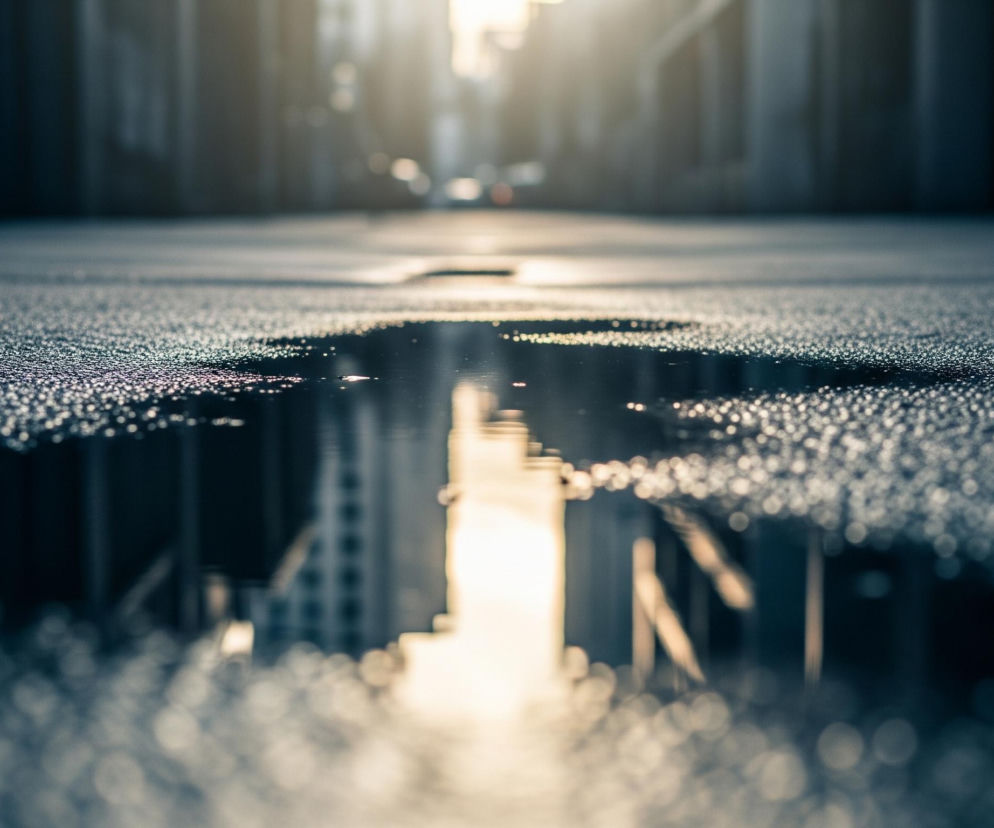 Kałużę na ciemnym, ziarnistym asfalcie, odbijającą światło i niewyraźne zarysy wysokich budynków. Z lewej strony kałuża jest płytka i ciemna, z drobnymi kropelkami światła na powierzchni, podczas gdy w centrum i po prawej stronie widać wyraźniejsze odbicia pionowych struktur i jasnego nieba. Tło jest rozmyte, z niewyraźnymi ciemnymi konturami budynków, nad którymi unosi się jasna, rozświetlona poświata, prawdopodobnie słońca, tworząca ciepły, złocisty blask kontrastujący z chłodniejszymi tonami nawierzchni.