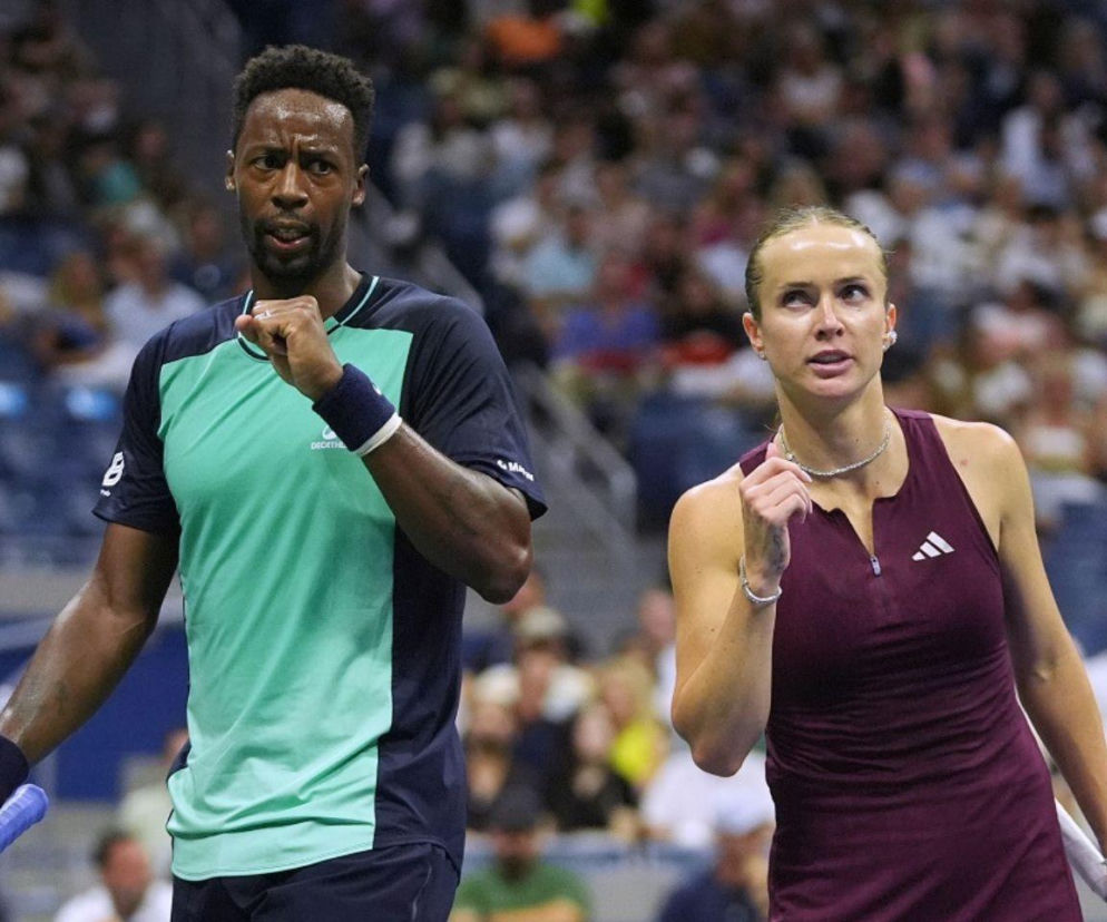 Tenisiści Gael Monfils i Elina Switolina na korcie z zaciśniętymi pięściami. O ich rozwodzie przeczytasz na SE.