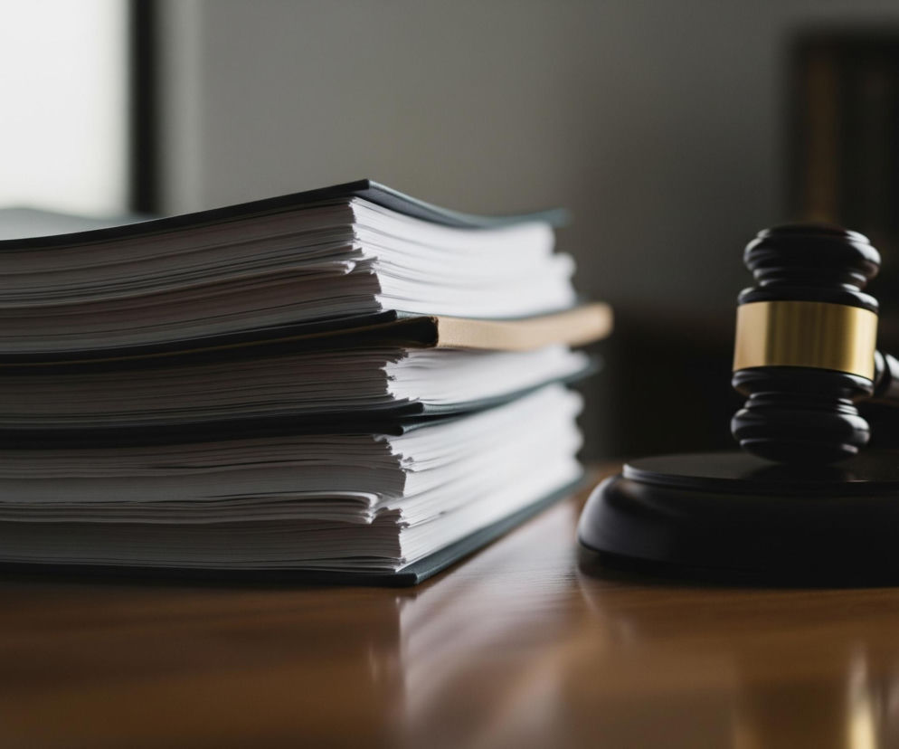 Na pierwszym planie, po prawej stronie, leży czarny drewniany młotek sędziowski ze złotą obręczą. Obok, po lewej stronie kadru, piętrzy się stos dokumentów w czarnych oprawach z białymi kartkami. Wszystko spoczywa na lśniącej, brązowej drewnianej powierzchni, która odbija światło. Tło jest rozmyte, utrzymane w szaro-brązowych, ciemniejszych tonach.