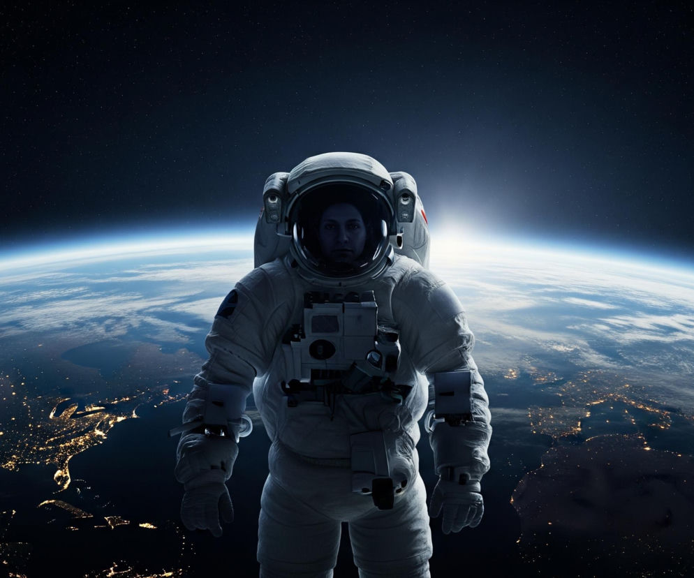 Astronauta w białym skafandrze kosmicznym unosi się na pierwszym planie, patrząc prosto na widza. Twarz astronauty jest widoczna przez wizjer hełmu, z ciemnymi włosami i poważnym wyrazem. Za astronautą rozciąga się przestrzeń kosmiczna, ukazując zakrzywioną Ziemię z widocznymi światłami miast na nocnej półkuli i błękitną linią atmosfery wzdłuż horyzontu. W tle widać liczne, małe gwiazdy i rozbłysk światła, prawdopodobnie wschód słońca, na prawo od głowy astronauty.