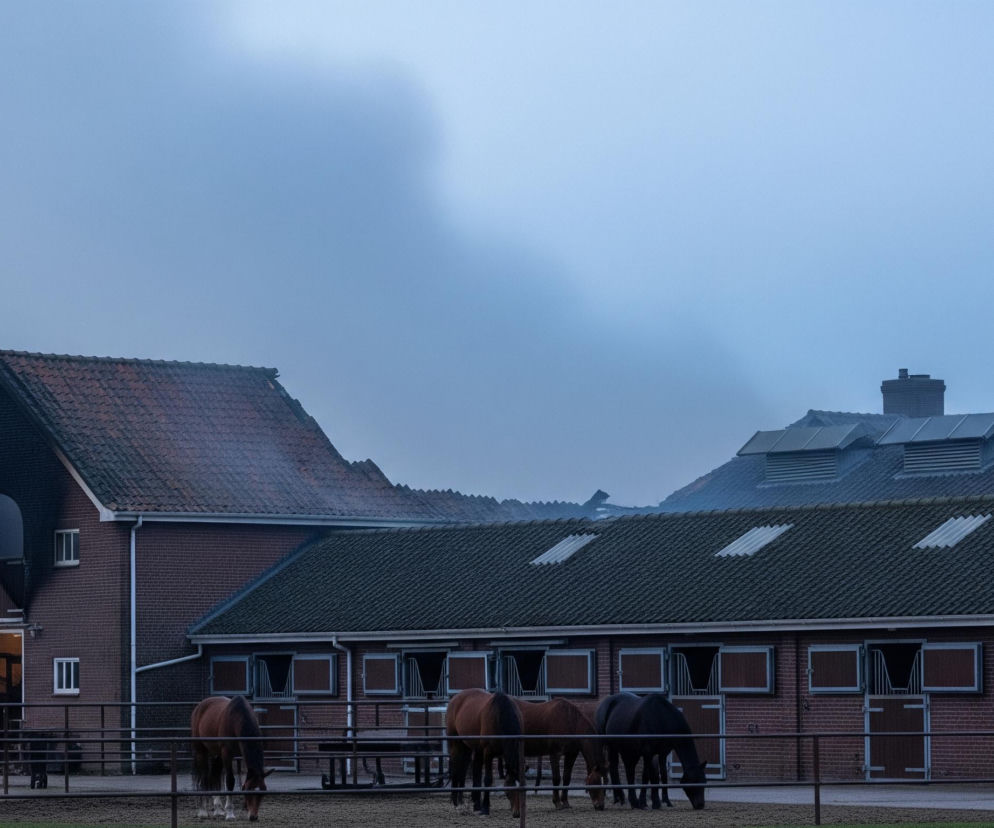 Stajnia wykonana z ciemnoczerwonej cegły znajduje się na pierwszym planie, z dachem pokrytym czerwoną dachówką na budynku po lewej stronie, oraz ciemnozielonym falistym dachem z okrągłymi otworami wentylacyjnymi i panelami słonecznymi na budynku po prawej. Część dachu po lewej stronie jest osmalona, a w górnej części budynku brakuje fragmentu ściany, ukazując ciemną, pustą wnękę, z pomarańczowym światłem lampy na dole. Na trawiastym terenie przed stajniami, za metalowym ogrodzeniem, pasie się osiem koni o różnych odcieniach brązu i czerni, z opuszczonymi głowami. W tle widoczna jest mglista, niebiesko-szara sceneria z niewyraźnymi zarysami drzew i dymem unoszącym się nad dachami.