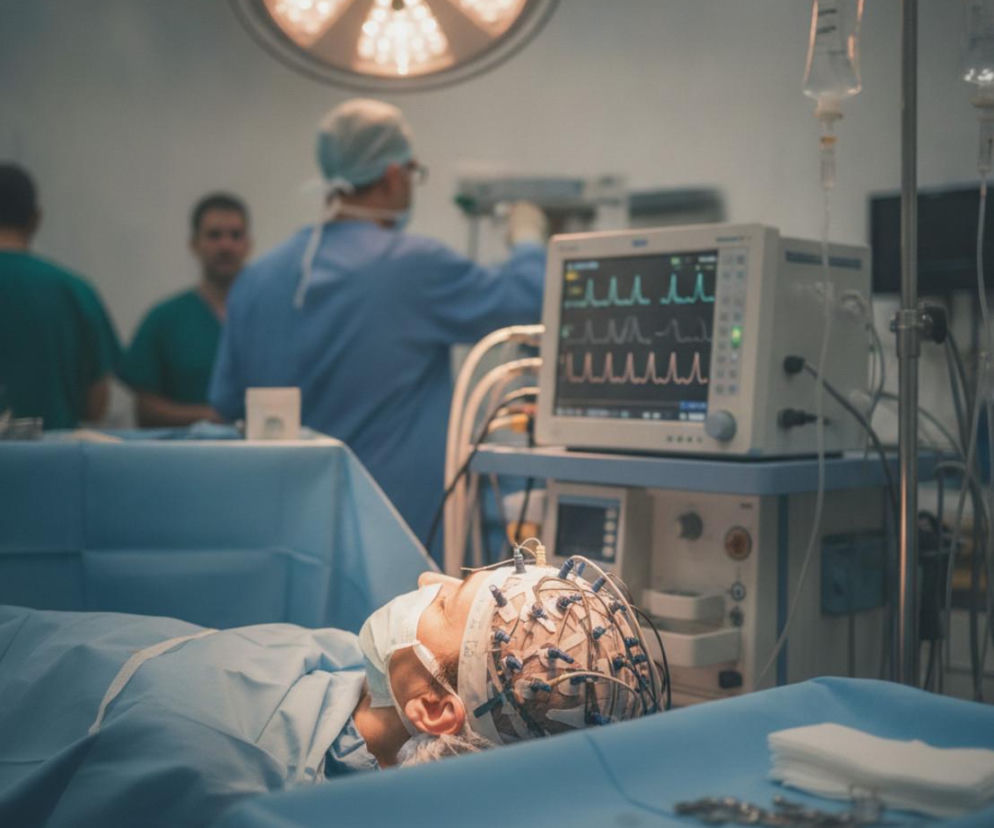 Pacjent z elektrodami EEG na głowie leży na stole operacyjnym, monitor medyczny w tle pokazuje wykresy aktywności. W pomieszczeniu operacyjnym obecni są lekarze. Dowiedz się więcej o tym, jak sny podczas operacji mogą poprawić komfort pacjentów na Poradnik Zdrowie.