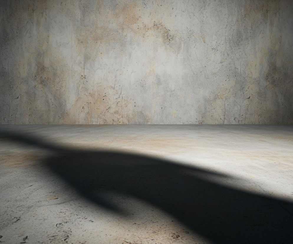 Pusta, betonowa przestrzeń rozciąga się w głąb obrazu, ukazując ścianę i podłogę. Obie powierzchnie są szorstkie, z nierównomiernymi odcieniami szarości, brązu i beżu, sugerującymi zużycie lub naturalną teksturę. Od lewej do prawej, na podłodze rozciąga się szeroki, ciemny cień, którego kształt przypomina wydłużoną postać ludzką, a jego wyraźna krawędź kontrastuje z jaśniejszym, oświetlonym fragmentem podłogi. Światło rozjaśnia również środkową część ściany, podczas gdy jej boki pozostają w półmroku.