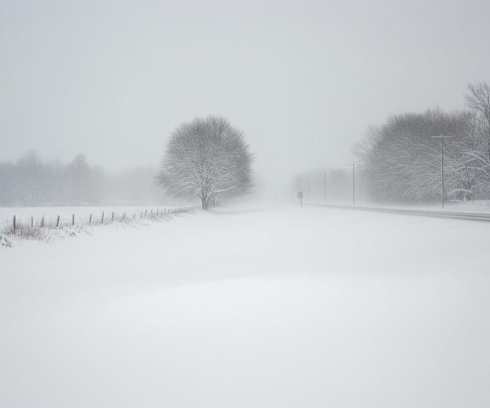 Pogrążony w śniegu krajobraz dominuje w kadrze, z grubą warstwą białego puchu pokrywającą ziemię i otoczenie, tworząc jednorodną, jasną powierzchnię. Po lewej stronie widoczne jest metalowe ogrodzenie z drewnianymi słupkami, za nim rozciąga się linia drzew częściowo zasłonięta przez gęsty śnieg i mgłę, a dalej w tle majaczy las. Po prawej stronie widać zaśnieżoną drogę lub aleję, z słupami telegraficznymi wzdłuż krawędzi i pojedynczymi drzewami, w tym jednym dużym, okrągłym drzewem bez liści, a dalej na prawo dominuje wysoka, zaśnieżona choinka. Niewielki czerwony domek z ciemnym dachem i oknami jest ledwo widoczny za choinką po prawej stronie. Szare, zachmurzone niebo zlewa się z horyzontem, a padający śnieg tworzy zasłonę, która ogranicza widoczność.