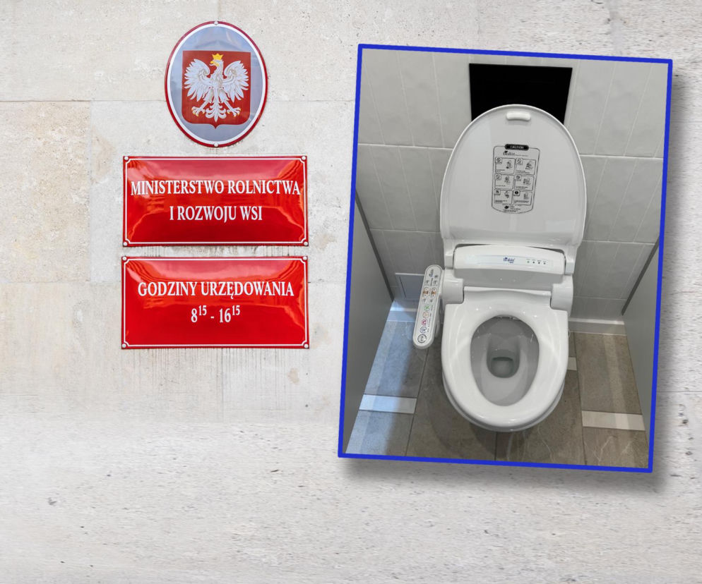 Tablica Ministerstwa Rolnictwa. Obok na wstawce sedes z deską myjącą. O aferze w resorcie czytaj na SE Polityka.