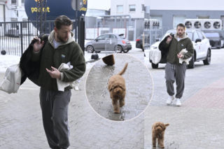 Sebastian Fabijański z psem na ramówce Polsatu. Zanim wszedł do budynku, jego zwierzak narobił zamieszania