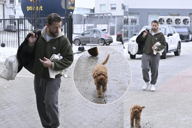 Sebastian Fabijański z psem na ramówce Polsatu. Zanim wszedł do budynku, zwierzak narobił zamieszania