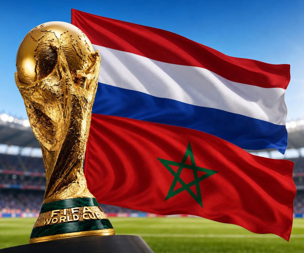 Złote trofeum Pucharu Świata FIFA oraz flagi Holandii i Maroka powiewające na tle stadionu piłkarskiego, symbolizujące nadchodzące spotkanie na Mundialu 2026. Więcej statystyk tego meczu znajdziesz na naszym portalu.