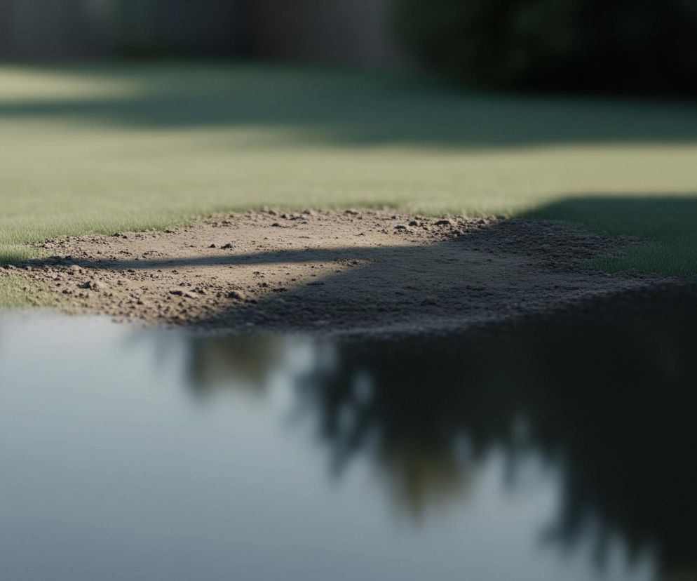 Na pierwszym planie widoczny jest obszar ziemi i wody. Górna część obrazu przedstawia rozległą, jasnozieloną trawę, częściowo zacienioną ciemniejszymi plamami. Pośrodku trawy znajduje się beżowa, piaszczysta plama, na którą pada cień, rzucając wydłużony kształt w prawo. Dolna część obrazu to lustrzana tafla wody, w której odbijają się zamazane kształty drzew i nieba.