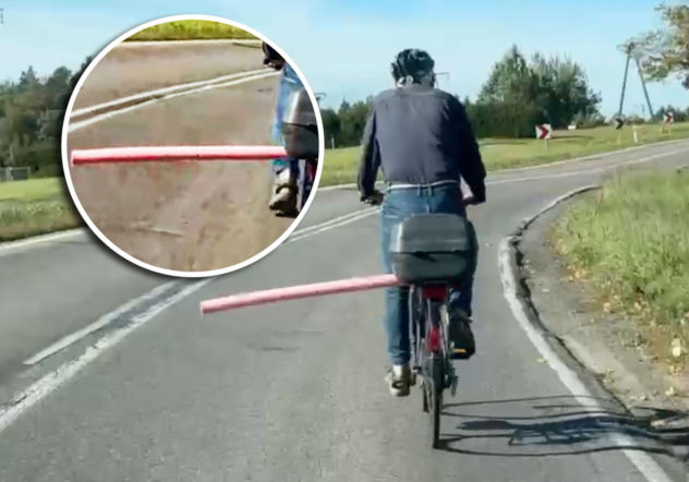 Rowerzysta z różową rurą paraliżuje drogę. Kierowcy dobrze go znają. To prowokator?