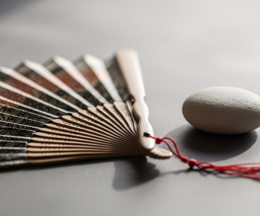 Na ciemnoszarym tle ułożony jest rozłożony wachlarz z ozdobnym wzorem, leżący po lewej stronie kadru, oraz owalny, jasnoszary kamień po prawej. Wachlarz ma drewniane, beżowe żeberka i materiał w odcieniach bieli, czerni i czerwieni, z motywami kwiatowymi. Do jego podstawy przymocowany jest czerwony sznurek z frędzlami, a na pierwszym planie widoczne jest wyraźne światło padające z lewej strony, tworzące długie cienie na teksturowanej powierzchni.