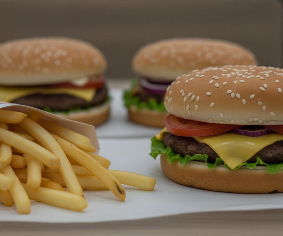 Na pierwszym planie, z prawej strony, znajduje się burger z bułką posypaną sezamem, plasterkiem pomidora, krążkami czerwonej cebuli, topionym serem, kotletem i liściem sałaty, ułożony na białej tacce. Po lewej, w białym papierowym opakowaniu z czerwonym logo przypominającym literę „C”, leży porcja frytek w złotym kolorze, część z nich wysypuje się na tackę. W tle, częściowo rozmyte, widoczne są dwa kolejne burgery, również złożone z podobnych składników, wszystkie spoczywają na tej samej białej tacce.