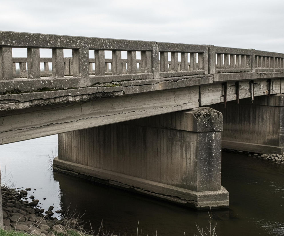 Betonowy most rozciąga się nad rzeką, ukazując oznaki zużycia i porastającego mchu na jego powierzchni. Jego solidna konstrukcja wsparta jest na szerokich filarach zanurzonych w wodzie, a balustrada składa się z prostokątnych, ażurowych elementów. Most prowadzi od trawiastego brzegu po lewej stronie do oddalającej się, zielonej łąki z rzadkimi drzewami na horyzoncie, pod zachmurzonym, jasnoszarym niebem.