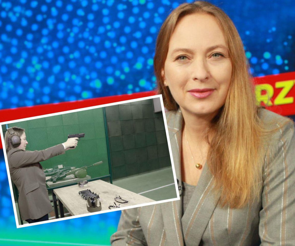 Pełczyńska-Nałęcz w fabryce broni Łucznik na strzelnicy