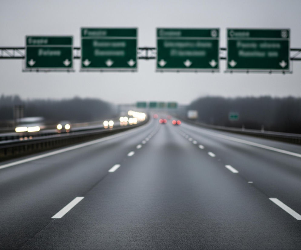 Długa, szeroka autostrada rozciąga się w głąb obrazu, zajmując większą część kadru. Nawierzchnia drogi jest ciemnoszara, a jasne, białe, przerywane linie wyznaczają pasy ruchu. Na górze obrazu, nad autostradą, rozciąga się konstrukcja z metalowych belek, na której wiszą cztery prostokątne, zielone tablice informacyjne z białymi napisami i strzałkami w dół, wskazującymi kierunki. Tło jest zamglone, dominuje szarość nieba i ciemne, niewyraźne zarysy drzew po obu stronach autostrady. W oddali widać niewyraźne światła samochodów, zarówno z przodu, jako żółte plamy, jak i z tyłu, jako czerwone punkty, sugerując ruch pojazdów na drodze.