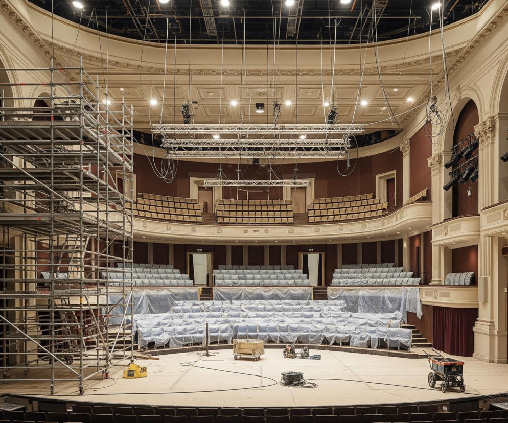 Wnętrze dużej sali teatralnej lub koncertowej jest w trakcie renowacji lub przygotowań. Na pierwszym planie po lewej stronie dominuje wysokie, srebrne rusztowanie. Scena na dole jest pusta, pokryta jasnym materiałem, na którym leżą kable oraz różne narzędzia i sprzęt, w tym żółta maszyna i czarny wózek z pomarańczowym pojemnikiem.

Widownia, rozmieszczona w półkolistych rzędach, jest częściowo zakryta przezroczystymi plandekami. Balustrady i ściany sali są utrzymane w kremowych i brązowych odcieniach, ozdobione klasycznymi gzymsami i kolumnami. Górne rzędy widowni oraz balkony mają brązowe siedzenia, a ściany bocznych wnęk są w kolorze bordowym, z widocznymi tam reflektorami. Sufit jest kasetonowy, z wbudowanymi lampami, a z niego zwisają liczne kable i elementy konstrukcji oświetleniowej.