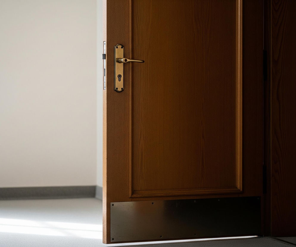 Brązowe, drewniane drzwi są uchylone, ukazując jasne wnętrze po lewej stronie i ciemne po prawej. Na drzwiach widoczna jest złota klamka z zamkiem, a u dołu metalowa płytka. Po lewej stronie uchylonych drzwi widoczna jest jasnoszara ściana i podłoga z ciemniejszą listwą przypodłogową, oświetlona promieniami słońca.