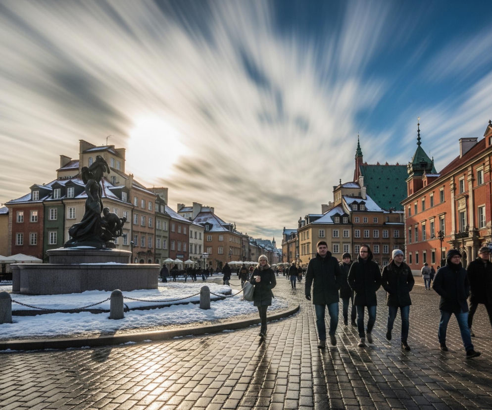 Duża, brązowa rzeźba stoi na środku brukowanego placu, pokrytego częściowo śniegiem, otoczona zabytkowymi budynkami o różnobarwnych elewacjach i spadzistych dachach. Po prawej stronie placu grupa ludzi idzie w kierunku obserwatora, rzucając długie cienie na mokry bruk, który odbija jaskrawe światło z lewej strony kadru, gdzie jasne słońce prześwituje przez rozmyte, smużące się chmury. W tle widoczne są wieże kościoła oraz dalsze zabudowania, a horyzont pokrywają rozmyte smugi chmur na błękitnym niebie, co sugeruje technikę długiego naświetlania.