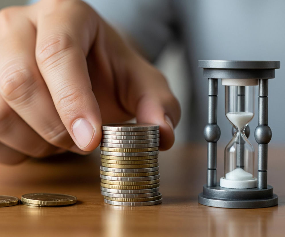 Męska dłoń delikatnie dotyka stosu monet, złożonego z naprzemiennie ułożonych srebrnych i złotych krążków, stojącego na jasnobrązowym drewnianym blacie. Obok stosu leżą dwie pojedyncze, złote monety. Po prawej stronie, nieco dalej, znajduje się szara, metalowa klepsydra z białym piaskiem przesypującym się przez przezroczyste szkło. Tło stanowi rozmyta, jasnoniebieska ściana.