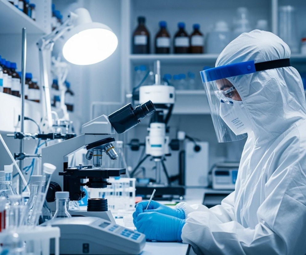 Osoba w białym kombinezonie ochronnym i przyłbicy pracuje w laboratorium. O nauce w Unilever przeczytasz na Eska.