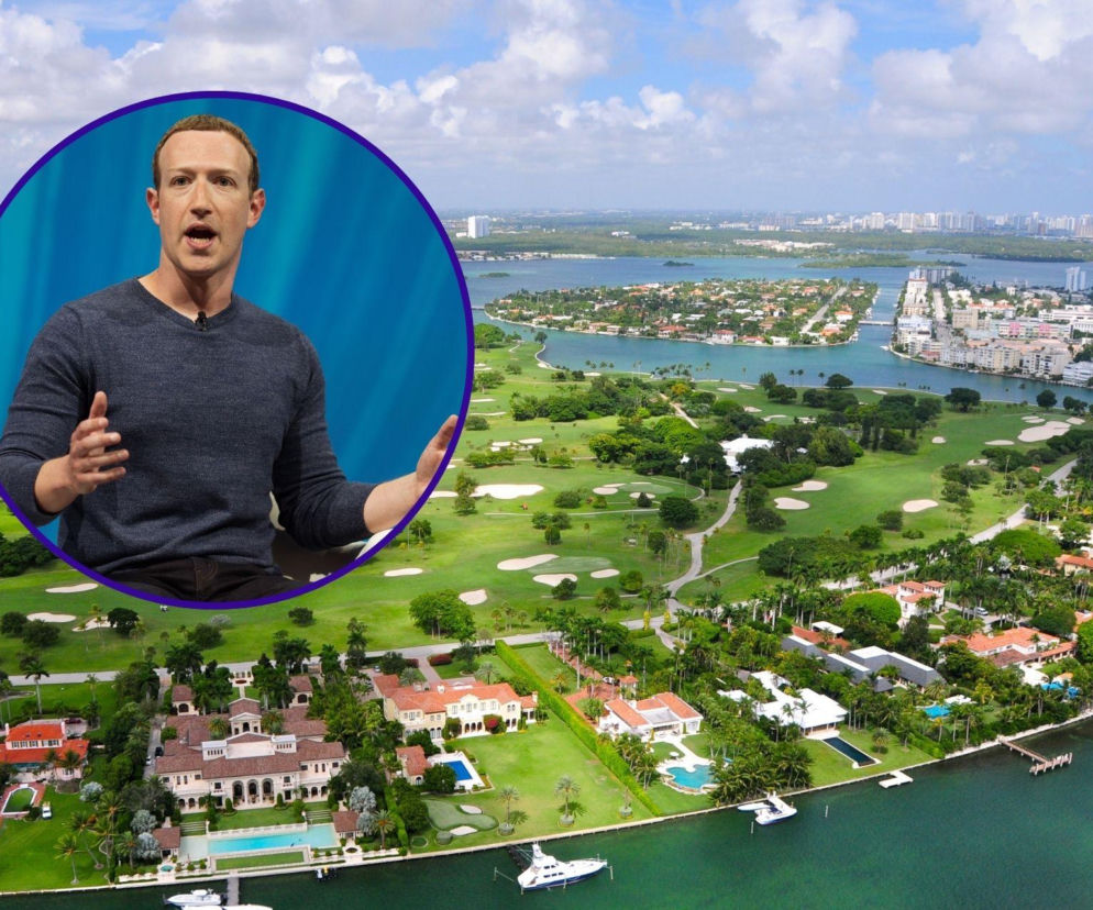 Mark Zuckerberg w okręgu, na tle luksusowej rezydencji i pola golfowego Indian Creek w Miami, nazywanej bunkrem miliarderów. Ten kontekst dostępny jest na portalu Super Biznes, gdzie opisano zakup posiadłości za 170 mln dolarów.