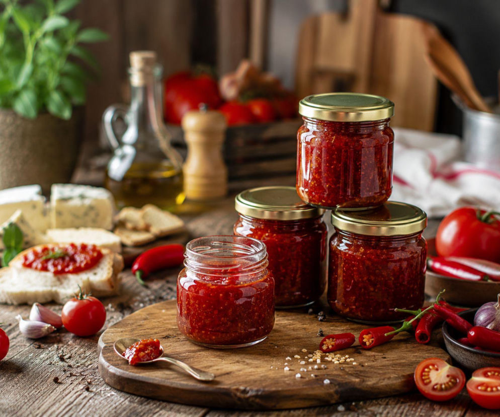 Dżem z pomidorów i chili jest słodki, ostry i gęsty. Pasuje do serów, mięs i kanapek