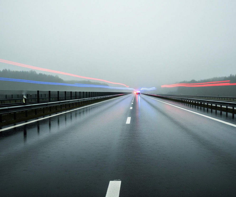 Droga asfaltowa, mokra i ciemna, rozciąga się w perspektywie, z białymi pasami ruchu wyznaczającymi kierunek. Po obu stronach jezdni biegną metalowe barierki ochronne, a za nimi widoczne są gęste lasy, których korony drzew zlewają się w ciemne pasy na horyzoncie. Niebo jest jednolicie szare i zamglone, a smugi światła o barwie czerwonej i niebieskiej, prawdopodobnie od świateł pojazdów, rozciągają się horyzontalnie wzdłuż drogi, spotykając się w oddali, gdzie jeden pojazd jest jeszcze widoczny w jaskrawych, rozmytych światłach.