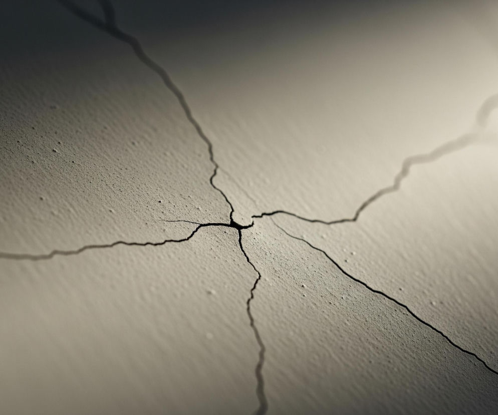Centralnym elementem obrazu jest pęknięta, teksturowana powierzchnia w odcieniach beżu i szarości. Od centralnego punktu rozchodzą się nieregularne, ciemne szczeliny, tworząc wzór przypominający pająka. Światło pada z prawego górnego rogu, rozjaśniając ścianę w tym obszarze do jasnego beżu i tworząc głębokie cienie w pęknięciach, podkreślając ich trójwymiarowość. Lewy dolny róg jest znacznie ciemniejszy, stopniowo przechodząc w czerń.