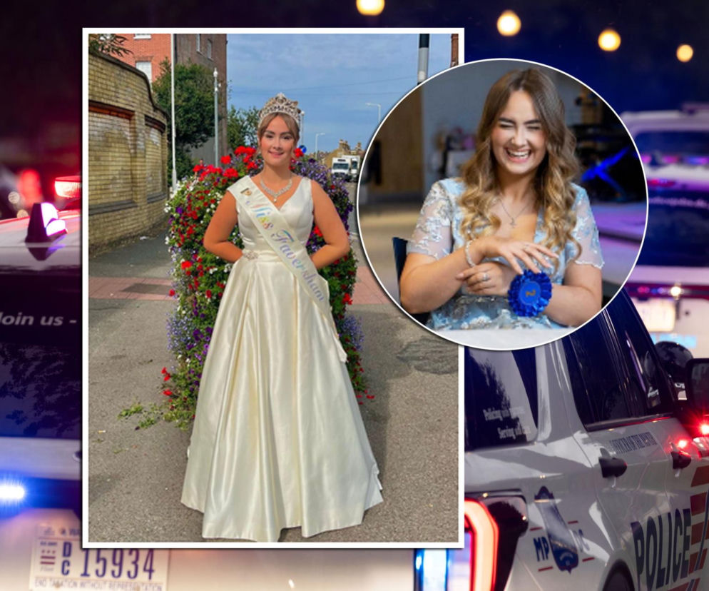 Kolaż zdjęć. Po lewej stronie Miss Faversham, Eleisha Skinner, w długiej kremowej sukni i koronie, stojąca przy kwitnących krzewach. Po prawej, na tle policyjnych radiowozów z włączonymi światłami, uśmiechnięta kobieta w niebieskiej sukience trzymająca kokardę. Tragedię Eleishy Skinner opisujemy na naszym portalu.