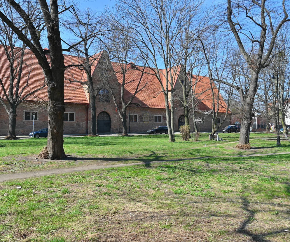 Ceglany gmach Małej Zbrojowni w Gdańsku za rzędami drzew na Placu Wałowym. O rewitalizacji placu przeczytasz na Architektura.